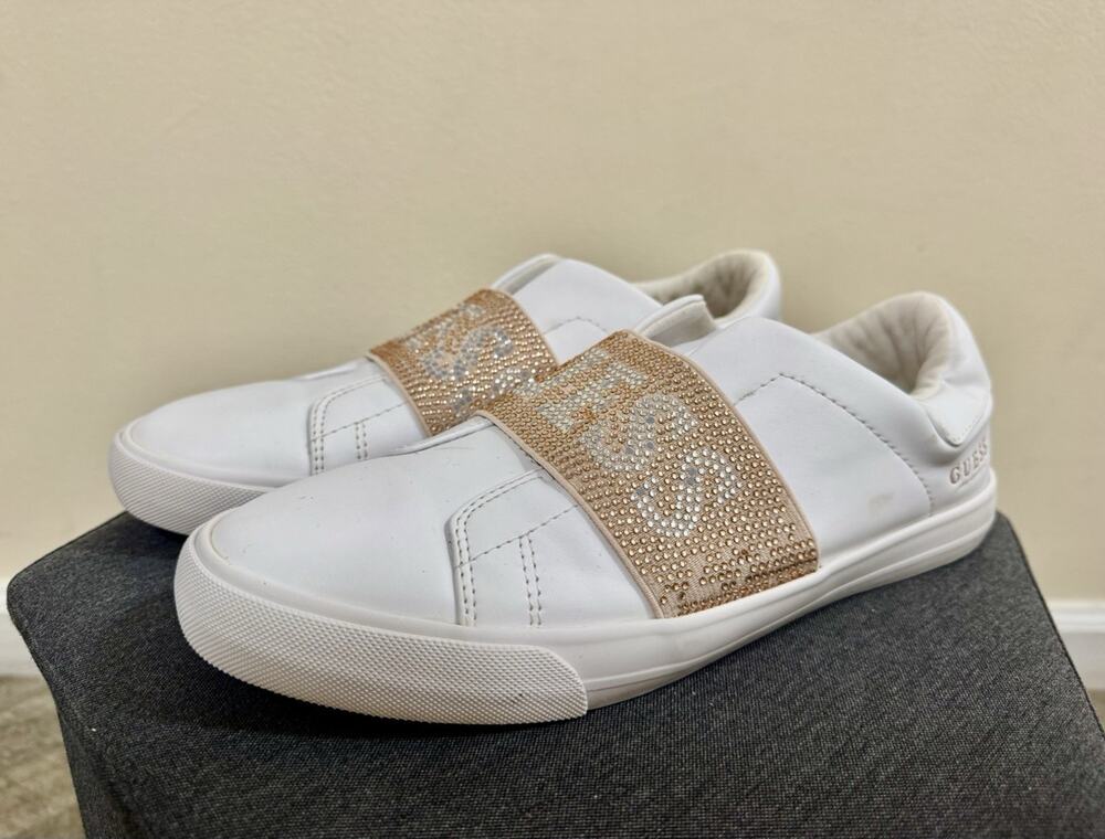 Guess Women's White & Rhinestone Logo Slip-On Sneakers — Size 10M